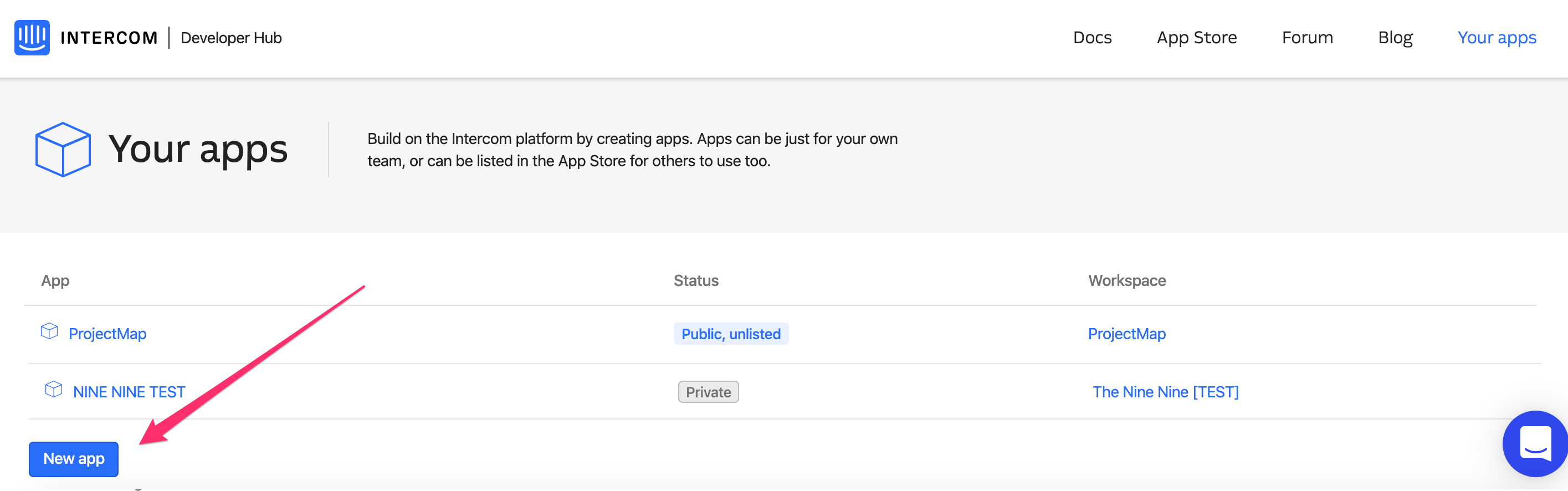 A screenshot of the Intercom Developer Hub, with the "Create new app" button highlighted