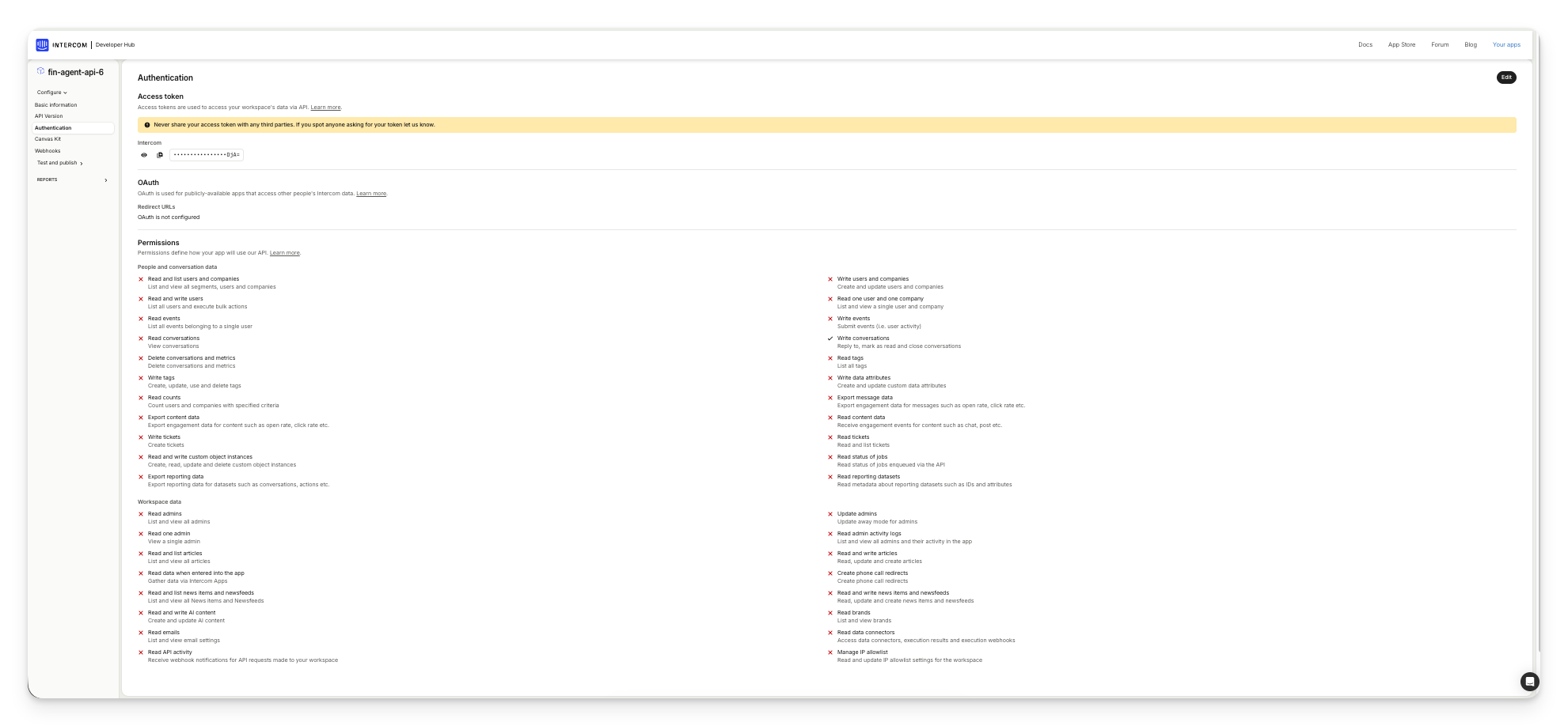 Fin Agent API Token Scopes