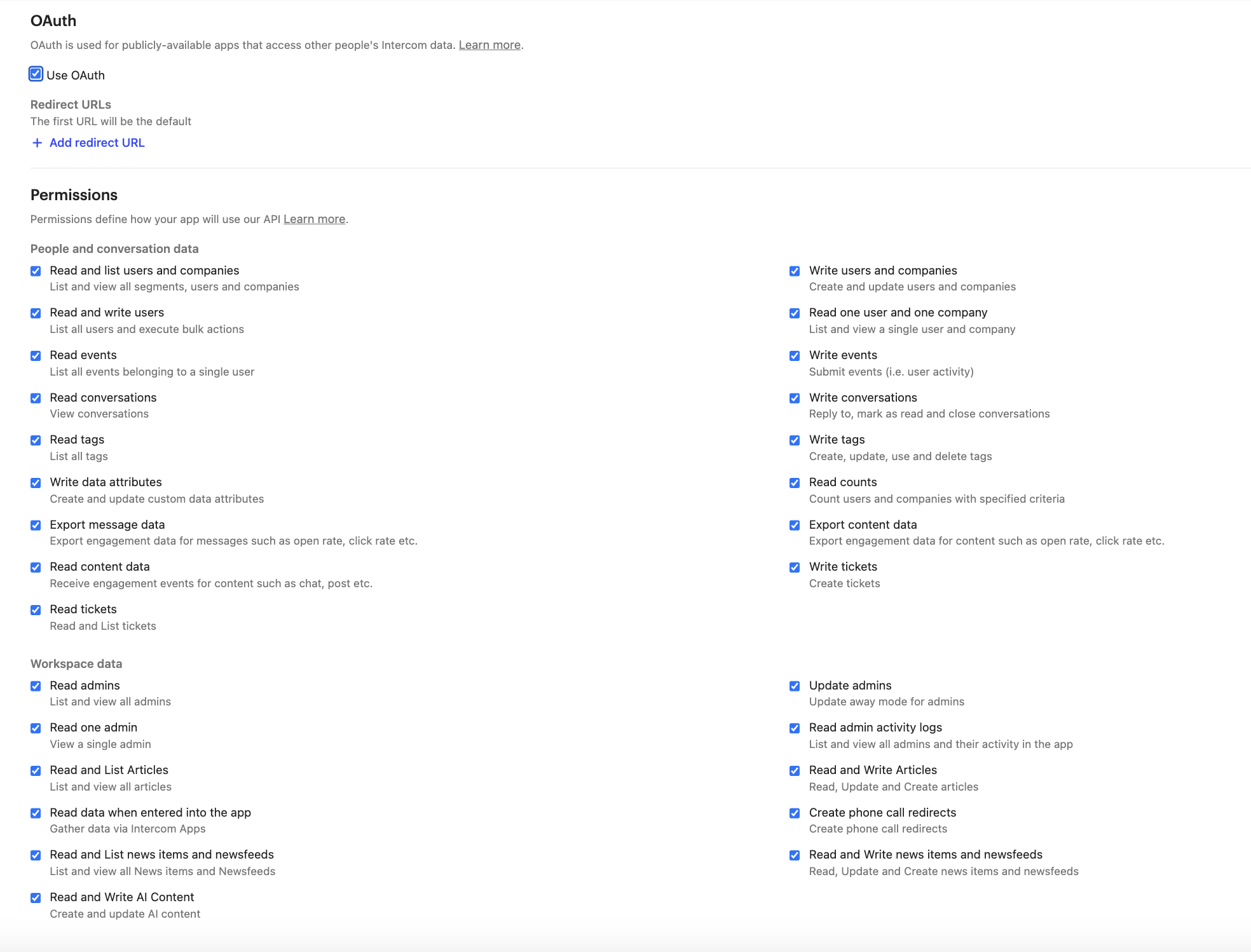 OAuth Scopes Settings in the Developer Hub