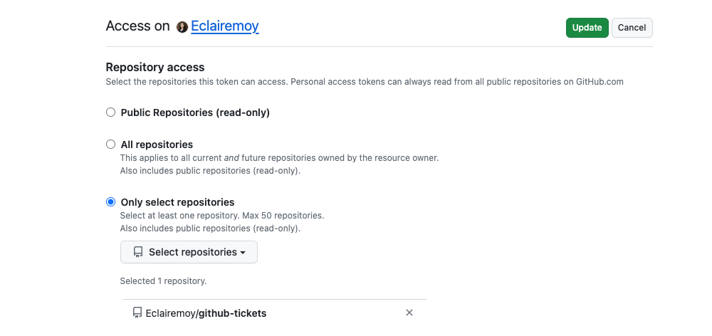 GitHub settings where you can set the repository access.